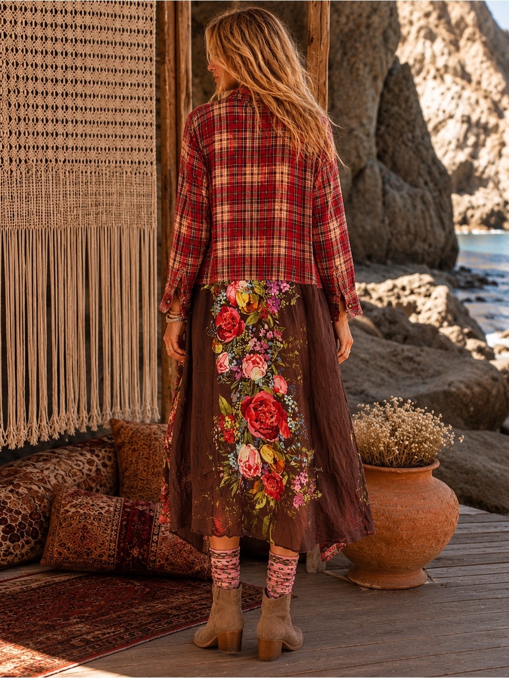 Aratta Medium Floral Scarlet Plaid Long Tunic in Coral Pink - Picture 3 of 11